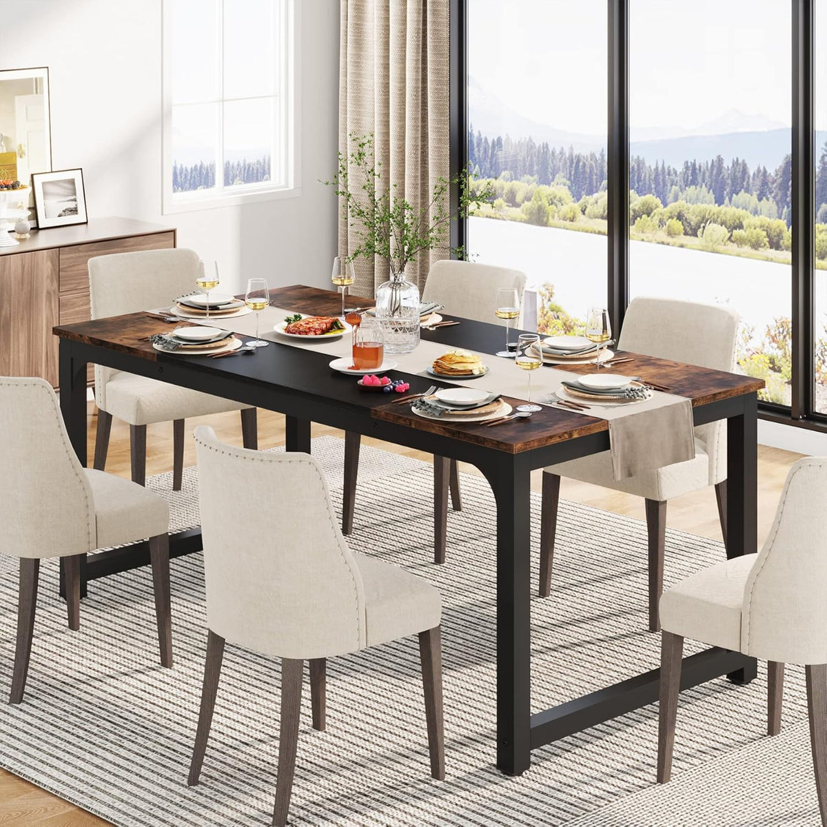 Tribesigns Dining Table 160x80cm for 4-6 People, Rectangular Industrial Kitchen Table with Robust Metal Legs, Large Dining Room Table for Kitchen and Living Room (Rustic Brown) - QUORE