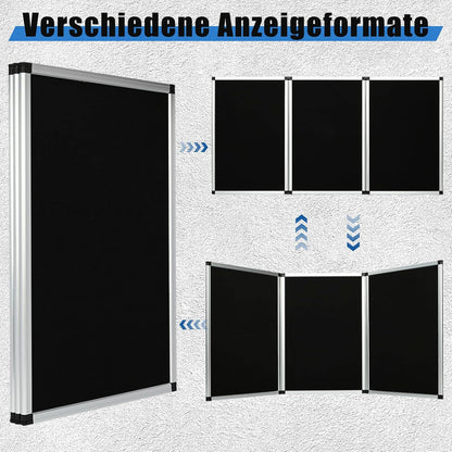 Presentatiebord, 3 + 1 paneel, groot opvouwbaar presentatiebord, 180 x 90 cm, drievoudig gevouwen presentatiebord, display voor beurzen, tafeldisplays, zwart, 180 x 90 cm