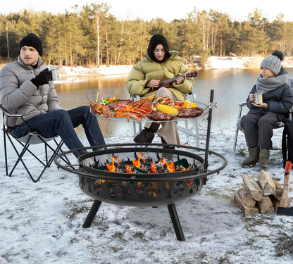 Kalolary 36 Inch Grote Buitenvuurkorven, 2 in 1 Tuinvuurkorf met Stalen BBQ Grill Kookrooster Vuurkorf met Deksel en Vuurpook Zwarte Hittebestendige Vuurkorf voor Tuin, Kampvuur, Kamperen, Picknick