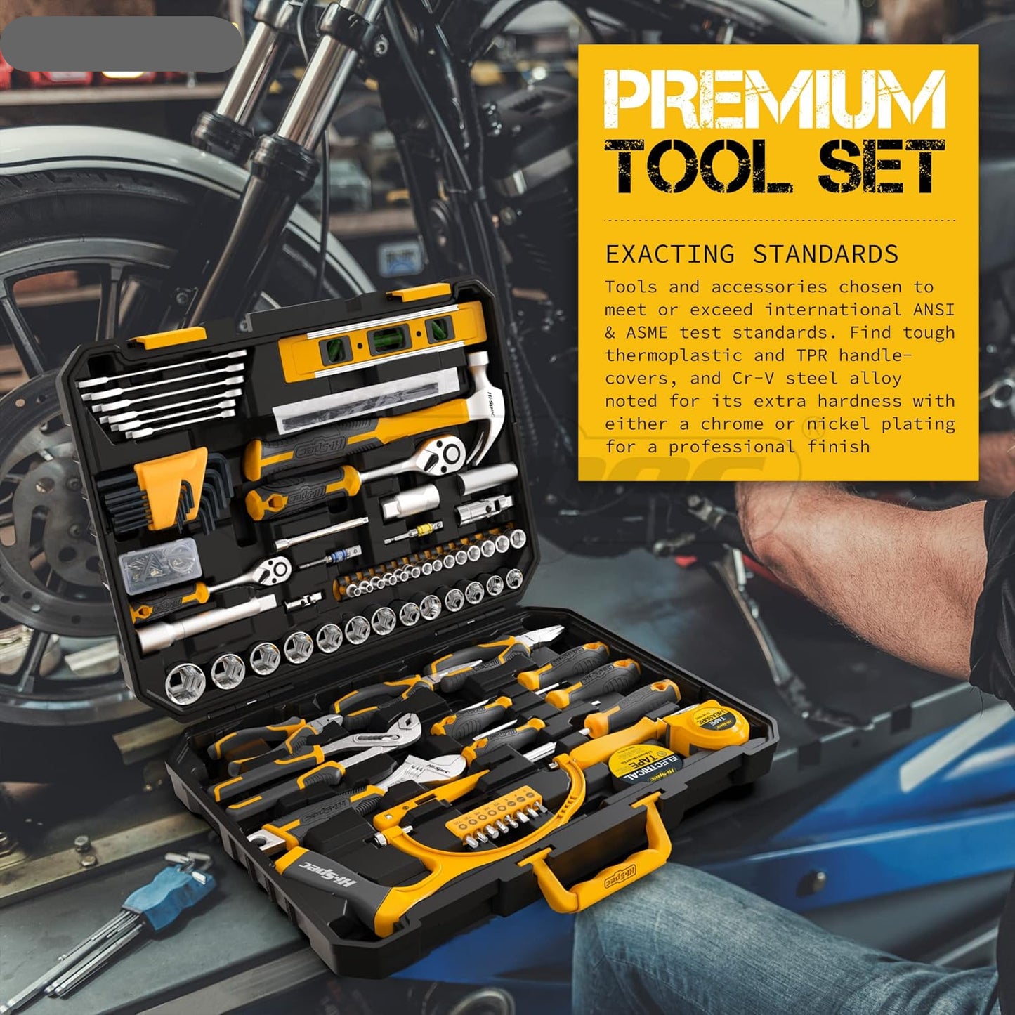 Hi-Spec 122-Delige Gereedschapskoffer - Gereedschapsset Voor In De Auto, Dowell Gereedschapsset Met Gereedschap Voor Thuis-, Werkplaats- En Voertuigreparaties Voor Vakmensen - Geel