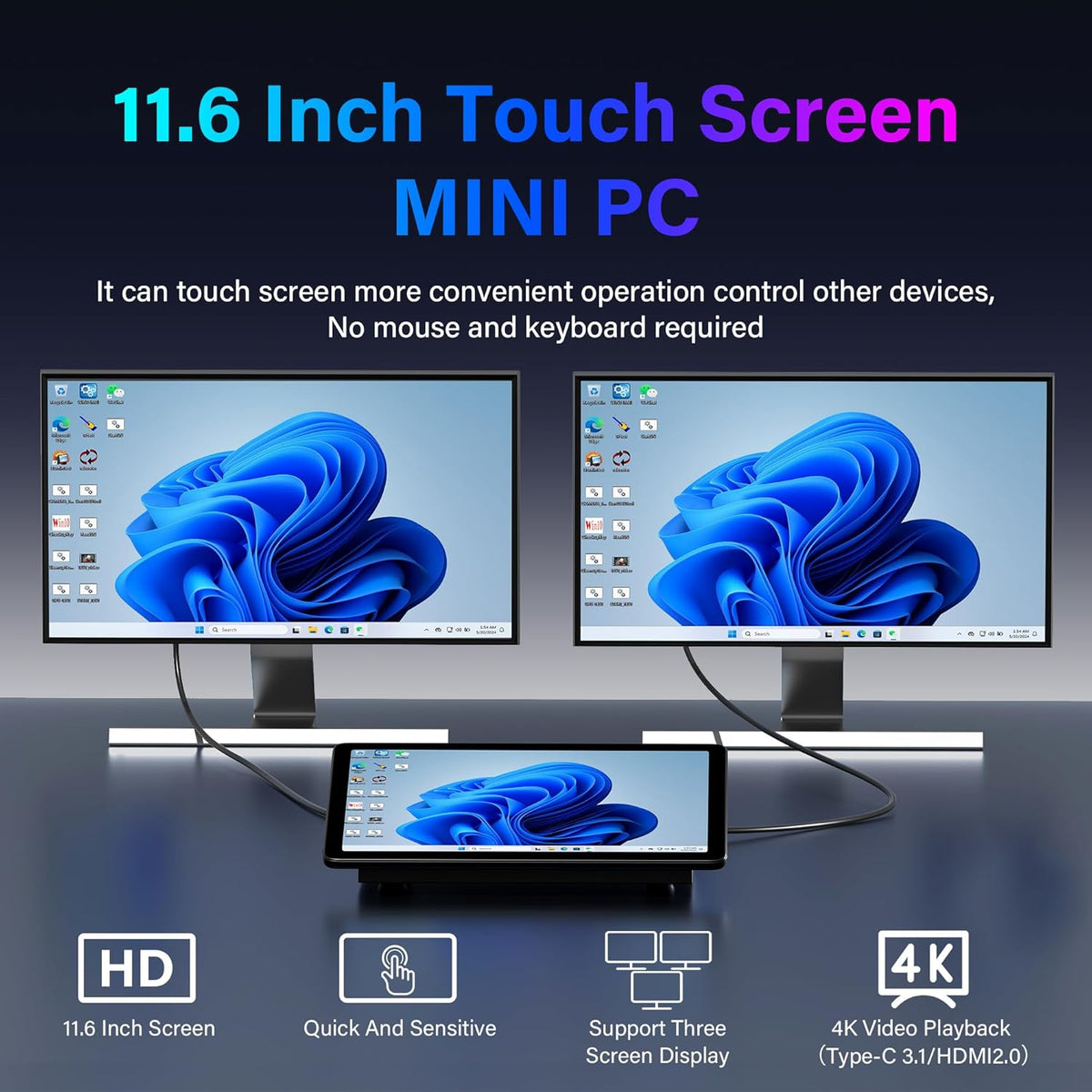 Mini-PC Desktop N5095 Win 11 met 29,5 cm (11,6 inch) touchscreen, 8 GB RAM, 128 GB eMMC, dual-4K-display-uitgang, HDMI en Type-C, Dual RS232