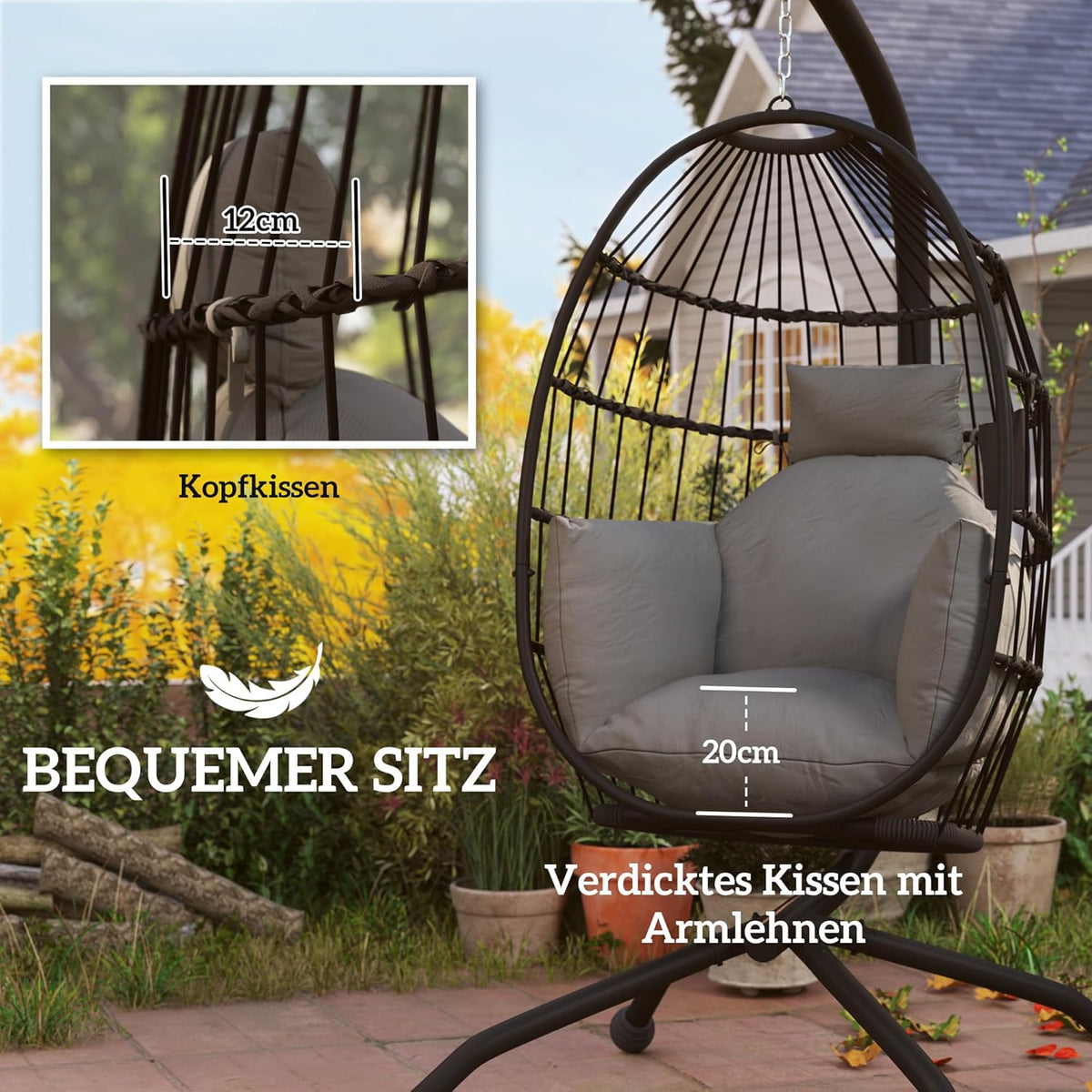 Outsunny Eshaped Outdoor Hanging Chair Folding Hanging Swing with Cup Holder, Removable Washable Seat Frame Hammock for 1 Person Swing Chair for Patio Garden Black - QUORE