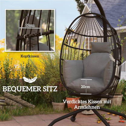 Outsunny Eshaped Outdoor Hanging Chair Folding Hanging Swing with Cup Holder, Removable Washable Seat Frame Hammock for 1 Person Swing Chair for Patio Garden Black - QUORE