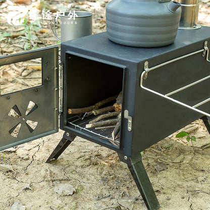 Koolstofstalen tentkachel - 40 x 20 x 22 cm houtkachel met schoorsteenpijpen voor buiten koken, kamperen, wandelen