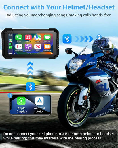 4K Motorfiets CarPlay Android Auto met Dashcam voor en achter, 6,25 inch CarPlay-scherm GPS Dashcam Motorfiets IP67 Waterdicht Touchscreen, Navigatieapparaten Dubbele Bluetooth Spraakbediening 64G TF