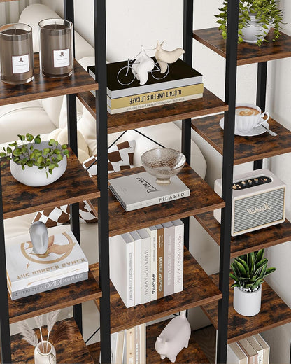 Hzuaneri Bookshelf, 6 Tier Bookcase with 15 Open Shelves, Adjustable Storage Cabinet for Living Room and Home Office, 30 x 100 x 170 cm, Rustic Brown and Black, BC15001B