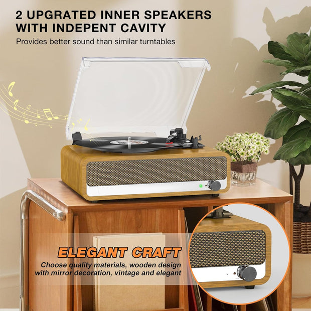 Platenspeler - Geïntegreerde Luidsprekers - Vintage Fonograaf - met Bluetooth-Riemaandrijving - 3 snelheden - voor Muziekgenot - Woondecoratie - Hout - Goud