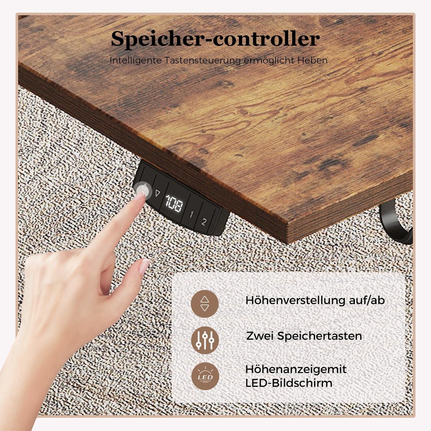 Klicelor elektrisch in hoogte verstelbaar bureau, 160 x 80 cm zit-sta bureaumeubel, computertafel met geheugenfunctie, sta-bureau, gametafel met vierdelig blad, Bruin