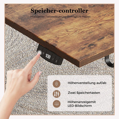 Klicelor elektrisch in hoogte verstelbaar bureau, 160 x 80 cm zit-sta bureaumeubel, computertafel met geheugenfunctie, sta-bureau, gametafel met vierdelig blad, Bruin