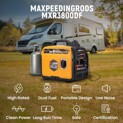 maXpeedingrods Elektrogene groep, stil, LPG en benzine, 3500 W, inverter, generator met USB-stopcontacten en 230 V, generator voor camping, auto, caravans, tuin