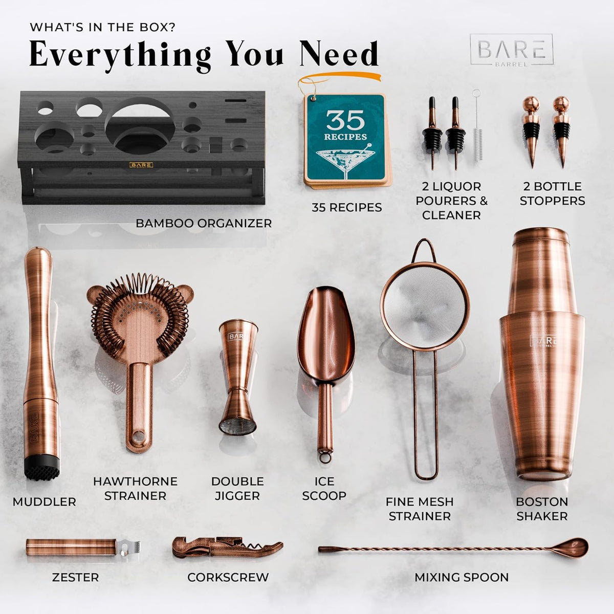 Cocktailset – Bartenderset – Cocktailshakerset – Barset – Shakerset – 16-Delige Set Met 800 Ml Boston Shaker En 35 Receptkaarten – Koper/Zwarte Afwerking Met Bamboe Displaystandaard