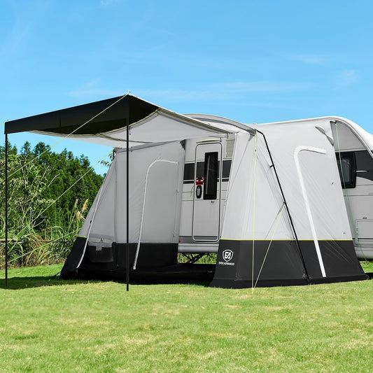 EVER ADVANCED voortent caravan 350x260x245cm voor camper met 2 ramen zijdeur, grotere deur dan dak, reisvoortent PU 3000mm waterdicht geschikt voor reizen, familie samen, kamperen