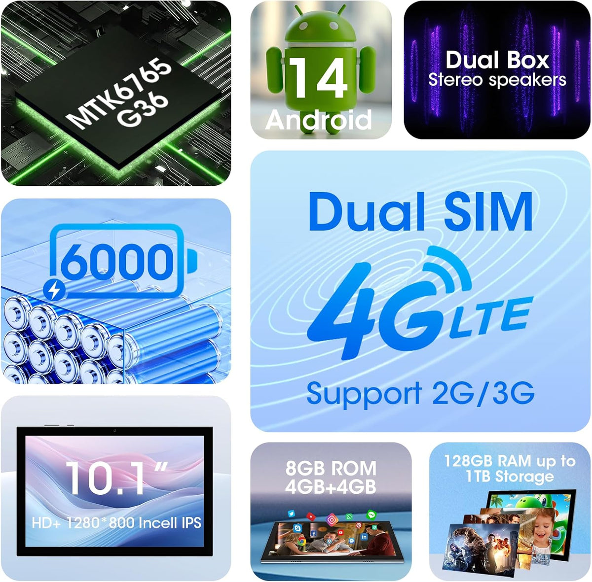 CWOWDEFU Tablet met SIM-kaartsleuf, 10 inch tablet, 4G LTE en telefoon (oproepen), Android 14,8 GB RAM, 128 GB ROM (TF tot 1 TB), GSM ontgrendeld, phablet, 6000 mAh, GPS, Octa-Core (grijs)