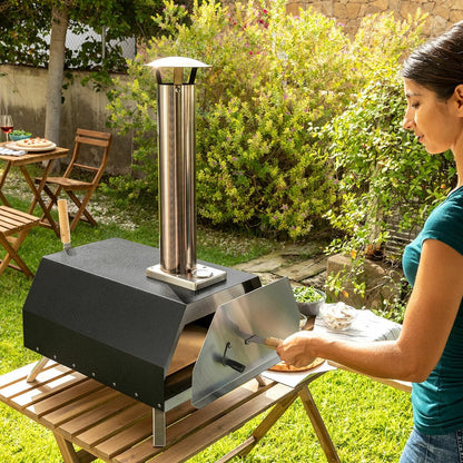 InnovaGoods - Pellet Pizza Oven met Accessoires, Roestvrij Staal Ontwerp, Draagbaar voor Buitengebruik, Inclusief Thermometer en Schoorsteen, Keramische Steen, Opvouwbare Poten, Waterdichte Hoes