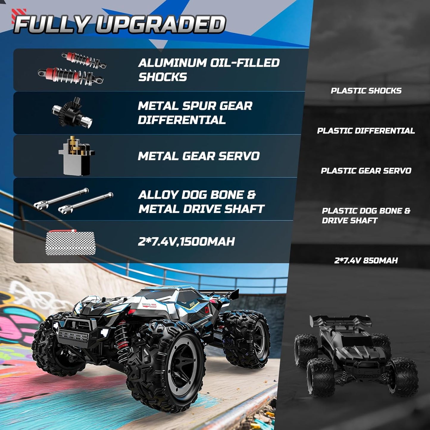 DEERC Snelle borstelloze RC-auto's voor jongens en volwassenen, 1:18 RC off-road vrachtwagen, 4 x 4 off-road race meca, 50 minuten, waterdichte op afstand bestuurde monstertruck, compatibel met