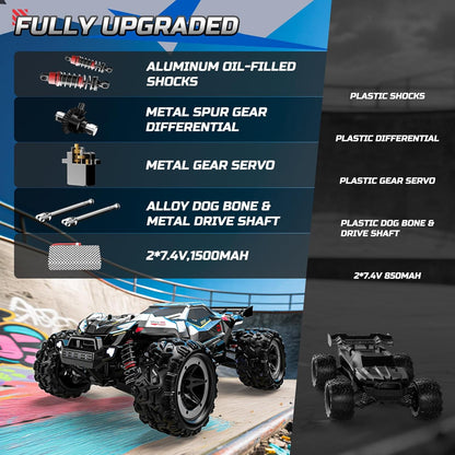 DEERC Snelle borstelloze RC-auto's voor jongens en volwassenen, 1:18 RC off-road vrachtwagen, 4 x 4 off-road race meca, 50 minuten, waterdichte op afstand bestuurde monstertruck, compatibel met