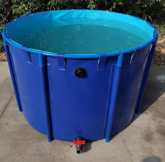 Zeildoek-visvijver zwembad met houder, diameter 150 x 100 cm, vouwbak voor koi en vijvervissen, inklapbare duurzame plastic vijver met houder voor koicultuur, landbouwirrigatie