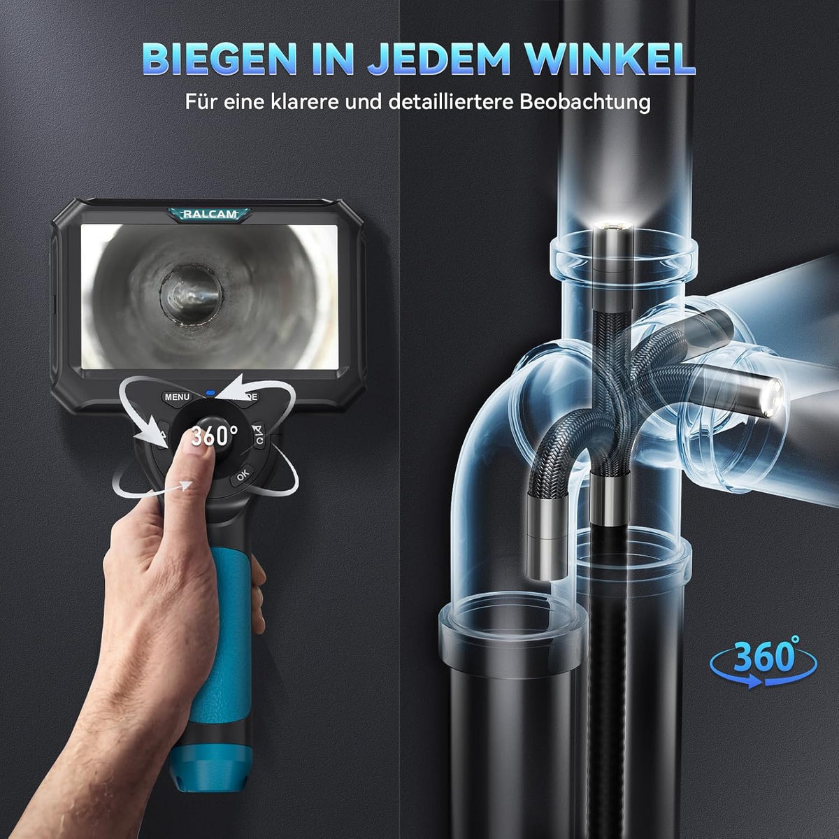 Ralcam Endoskopkamera 6,2mm Endoscope Camera - Endoskop 360° Inspektionskamera mit Licht 5,0" HD 1280x720 Rohrkamera, Kameras mit 6 LED, IP67 Wasserdicht 1m Halbstarres Kanalkamera Teleskopkamera