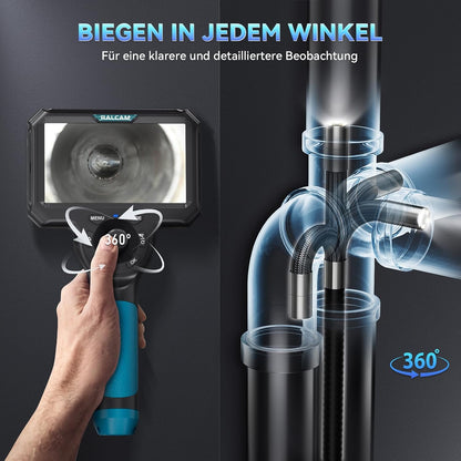 Ralcam Endoskopkamera 6,2mm Endoscope Camera - Endoskop 360° Inspektionskamera mit Licht 5,0" HD 1280x720 Rohrkamera, Kameras mit 6 LED, IP67 Wasserdicht 1m Halbstarres Kanalkamera Teleskopkamera