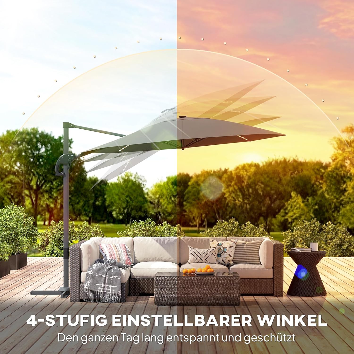 Outsunny Alu Ampelschirm LED Solar Ø300cm höhenverstellbar Sonnenschirm mit Kurbel Ständer UV50+ Wasserabweisend 360° drehbar Marktschirm neigbar Gartenschirm Sonnenschutz für Garten Balcony - QUORE
