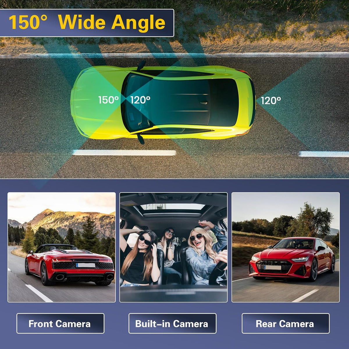 Dashcam – Autocamera – Rijcamera – Auto DVR – Autorecorder – 1080P 4-Kanaals 360° Groothoek – WiFi & App-Bediening Met 64 GB SD-Kaart