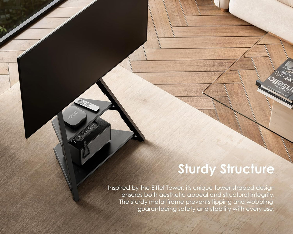 FITUEYES Design tv-standaard met wieltjes voor tv 32 43 55 65 inch, in hoogte verstelbaar 946 - 1076,5 mm, met 2 planken voor huis, woonkamer, conferentie serie Eiffel