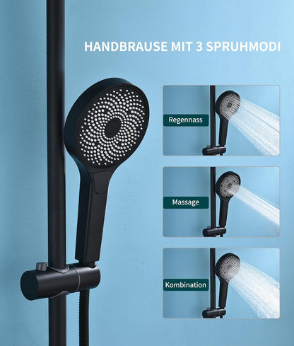 Thermostatisch Douche Systeem – Douche Set – Regendouche – Handdouche – Douchestang – Mat Zwart – Instelbare 38-48°C Temperatuur – 360° Draaibare Regendouche 30x20 cm
