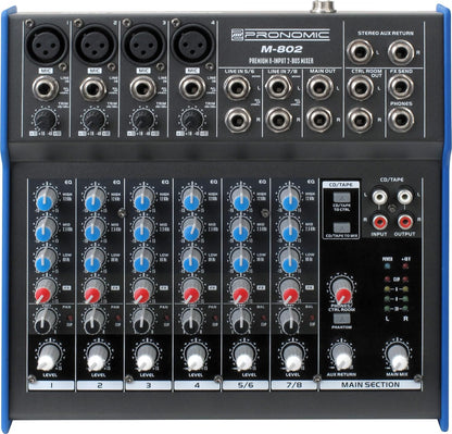 Pronomic M-802 Live/Studio Mengpaneel (4 Mono-kanalen XLR/klink, 2 Stereo-kanalen, 3-Band EQ, 48V fantoomvoeding)
