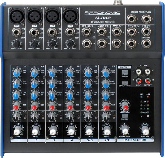Pronomic M-802 Live/Studio Mengpaneel (4 Mono-kanalen XLR/klink, 2 Stereo-kanalen, 3-Band EQ, 48V fantoomvoeding)