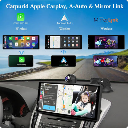 Carpuride W903 Draagbare Draadloze Carplay & Android Auto met Dashcam - 9,3" HD IPS Scherm, 4K Voor- & Achteruitrijcamera, Lusopname, Bluetooth, Spiegellink, GPS, Siri, Dashboardmontage