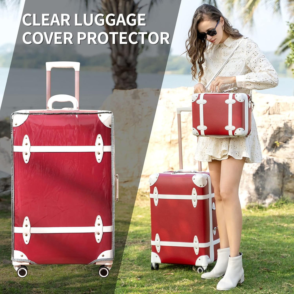 Urecity Vintage reiskofferset, 4-delig, licht, retro, lederen koffer, harde schaal, trolley, handbagage, sets met TSA-slot en 8 wielen (S-M-L-XL), rood, Kofferset