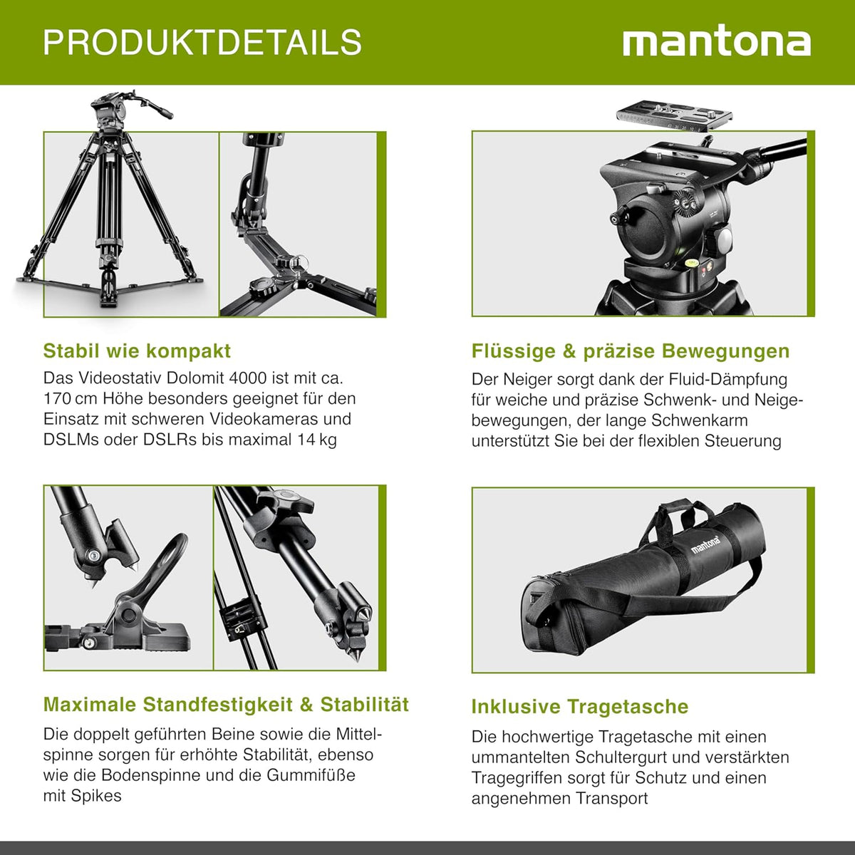 Videostatief voor DSLR en videocamera – Camerastatief – DSLR Statief – Filmstatief – Statief voor video – Vloeistofgedempte videokop – Max. Hoogte 170 Cm Met Bodemspreader