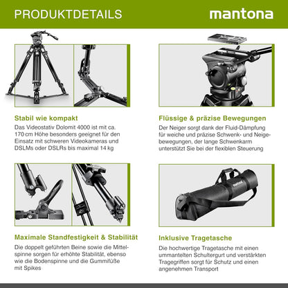 Videostatief voor DSLR en videocamera – Camerastatief – DSLR Statief – Filmstatief – Statief voor video – Vloeistofgedempte videokop – Max. Hoogte 170 Cm Met Bodemspreader