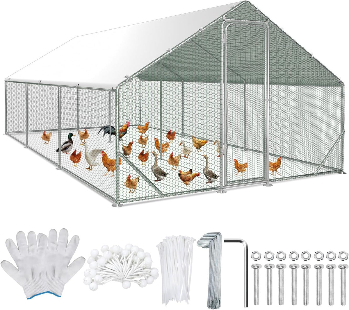 3 x 6 x 2 m chicken coop with door and latch, for chickens, rabbits, geese, pigeons and quails, metal run with net - QUORE