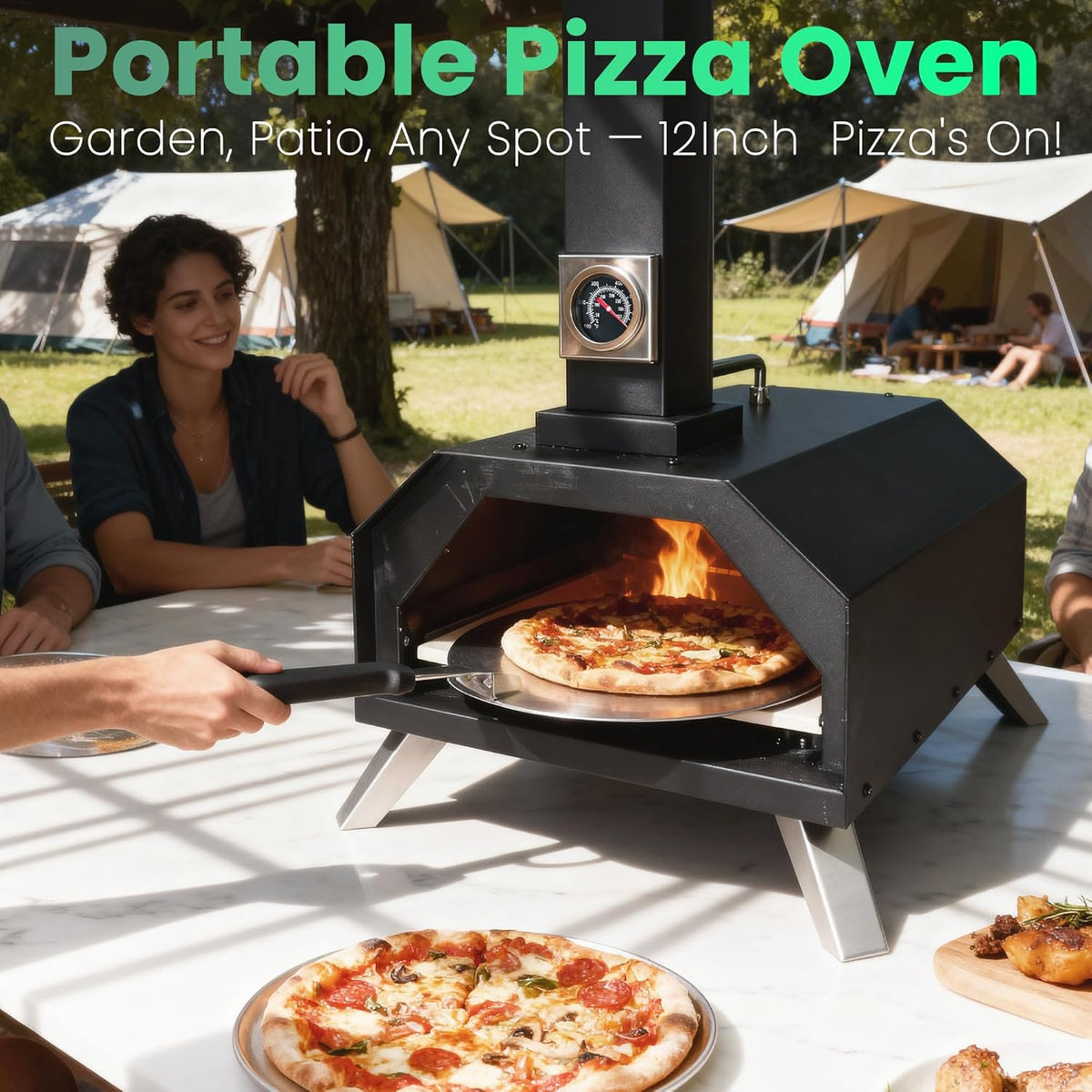Draagbare opvouwbare 11 inch houtpellets pizzaoven, buitengebruik met ingebouwde thermometer en vierkante pizzasteen, geweldig voor kamperen, achtertuin, terras, tuin en feesten