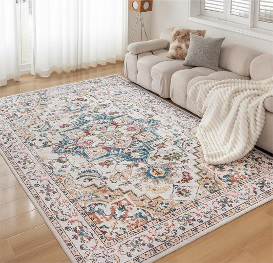 CHOSHOME Tapijten voor de woonkamer en slaapkamer, groot wasbaar laagpolig tapijt, modern vintage klassieke stijlen, antislip boho-stijl, machinewasbaar wol, beige