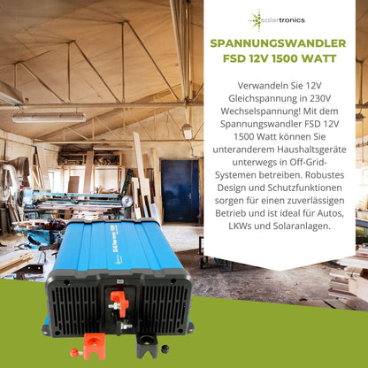 solartronics Spanningsomvormer FS1500D 12V 1500/3000 Watt Pure Sinus BLAUW m. Display FS Serie LiFePO4 / lithium, lood-, gel of AGM-batterij compatibel inverter omvormer