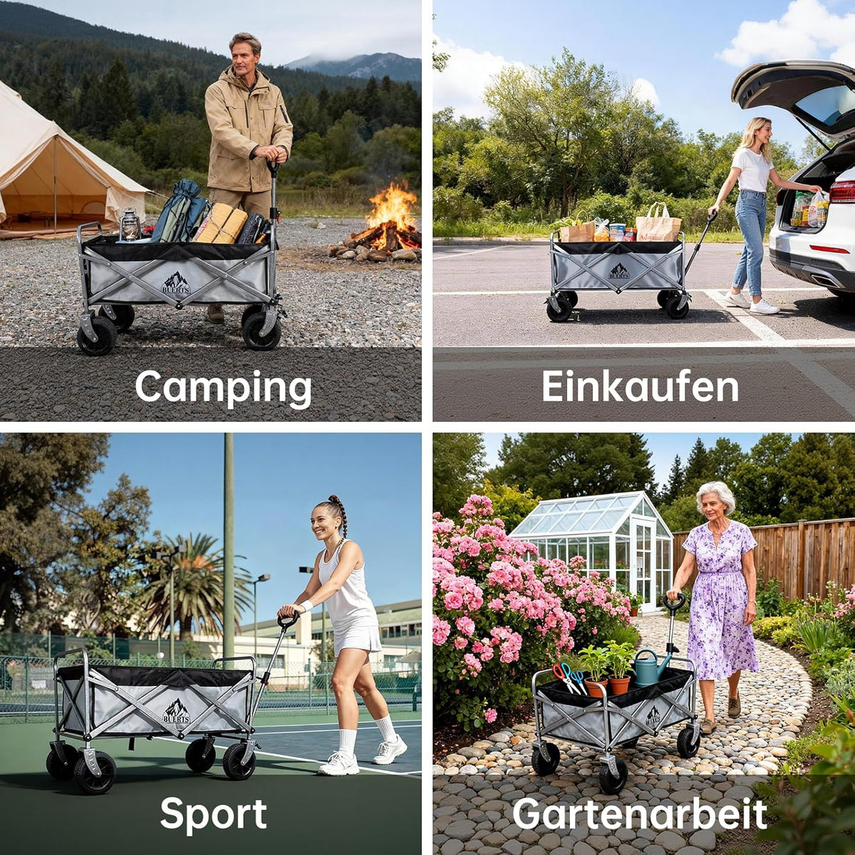 Premium campingwagen met remmen en afneembare wielen, grote transportwagen met 600D Oxford-stof, magnetische handgreep en extra opbergruimte voor camping, strand en tuin (grijs)