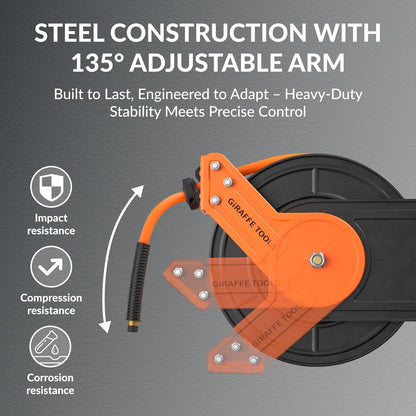 Giraffe Tools Intrekbare Air Line Reel 15m+1m, Wall Mounted Air Hose Reel 3/8 "Hybride Slang, Pneumatische Heavy Duty Stalen Reel met 1/4" Quick Coupler