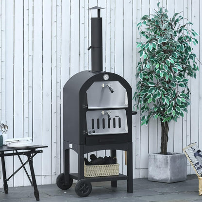 Outsunny 2-in-1 Outdoor Pizza Oven with Rolls Grill Oven with Protective Cover Pizza Shovel 2 Grill Nets Grill Trolley with Fireplace 63-Layer Wood Oven for BBQ Steel Black + Silver 54 x 161 x 161 cm - QUORE