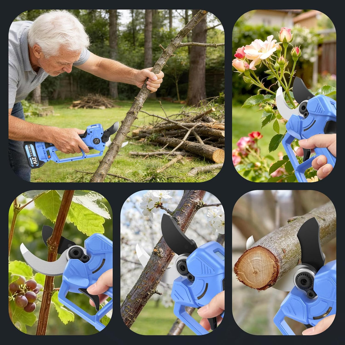 Professionele elektrische takkenschaar, accu 2 x 2 Ah, 40-50 mm snijdiameter, 6-10 uur gebruiksduur, blauw, complete set voor tuin en tuin