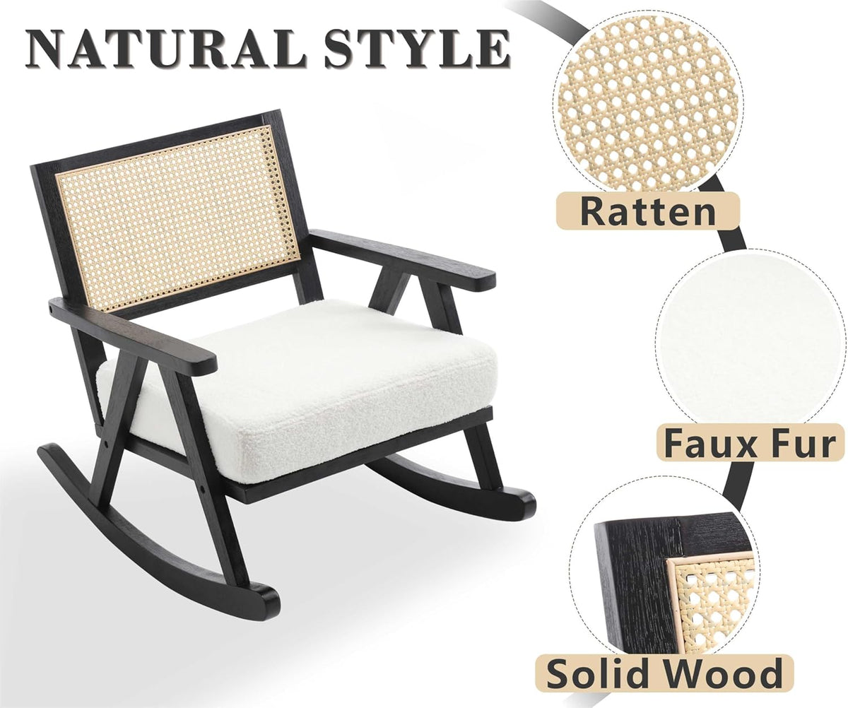 Chairus Upholstered Rocking Chair Living Room Relax Chair Faux Fur Rattan Backrest Rocking Chair Solid Wood Legs for Bedroom (Black)