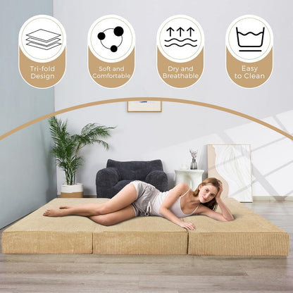 MAXYOYO Opvouwbare Cord-matras, drievoudig opvouwbare vloermatras, 10 cm dik, met wasbare overtrek, opvouwbaar in DRIE delen, ruimtebesparend voor gasten (Kameel, eenpersoonsbed)