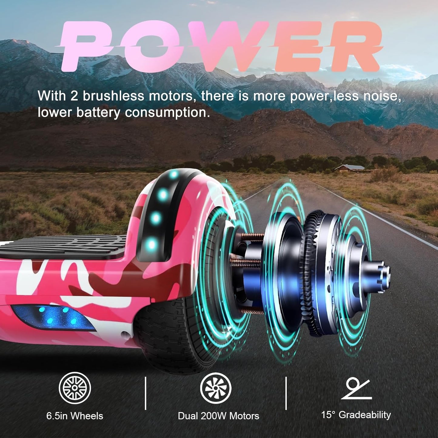 SISIGAD 6,5 inch hoverboard met Bluetooth-luidspreker, zelfbalancerende scooter, motor met gekleurde lampjes en LED-verlichting，Roze camouflage