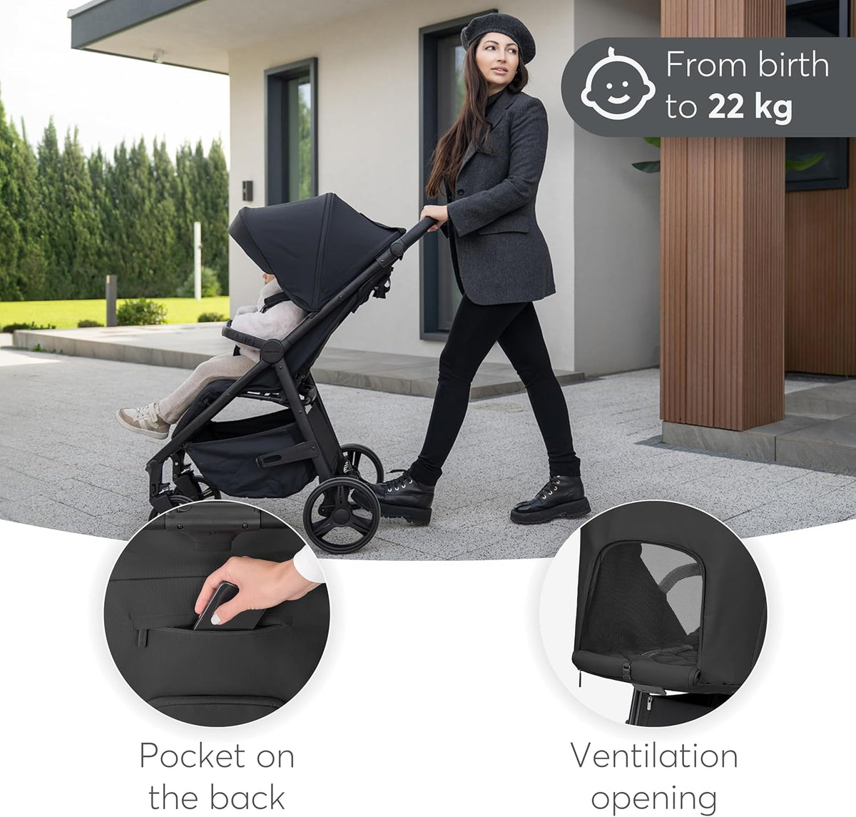 KikkaBoo Urban Kinderwagen, licht, vanaf de geboorte tot 22 kg, compact, EVA-wielen met vering, verstelbaar stuur, zwart