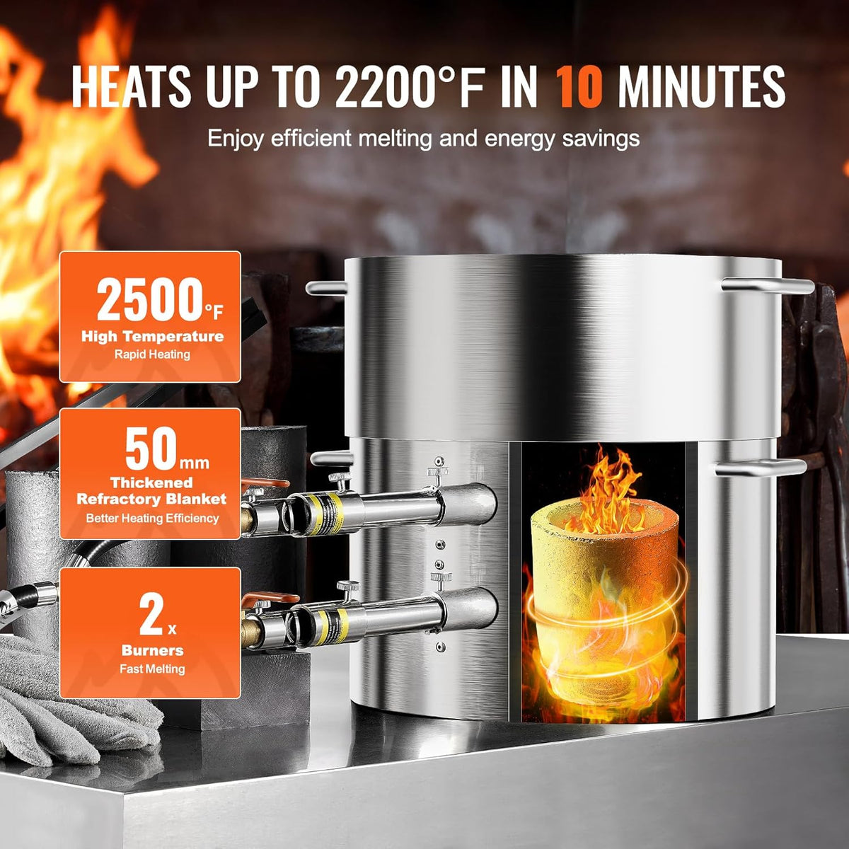 VEVOR Set van smeltoven met propaangas, inhoud 16 kg, maximale temperatuur 1370 °C, oven van roestvrij staal voor metaalsmeden en smeltoven, set met 2 propaanbranders