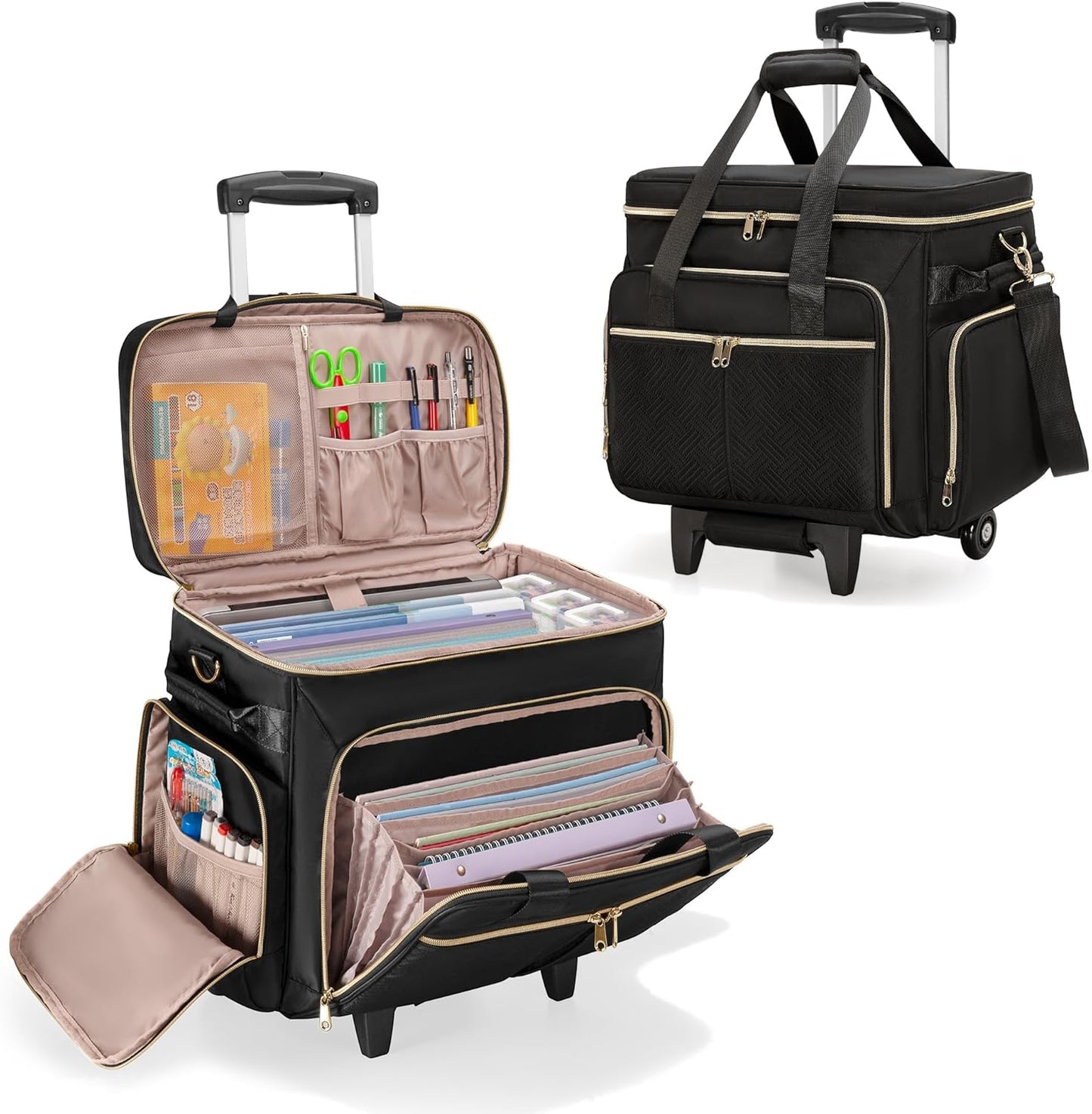 Rolling Teacher Bag with Wheels, Docententas met Afneembare Trolley, Docententas op wielen past voor 15. 6” Laptop en Docentenbenodigdheden, Zwart (Patent Design)