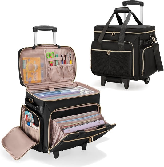 Rolling Teacher Bag with Wheels, Docententas met Afneembare Trolley, Docententas op wielen past voor 15. 6” Laptop en Docentenbenodigdheden, Zwart (Patent Design)