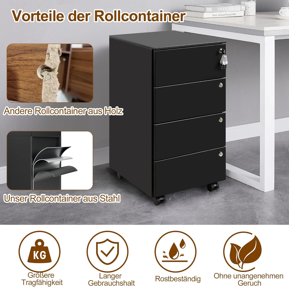 Rollcontainer, mobiele archiefkast, 4 laden, 4 sloten, zwart OFC141B02HI