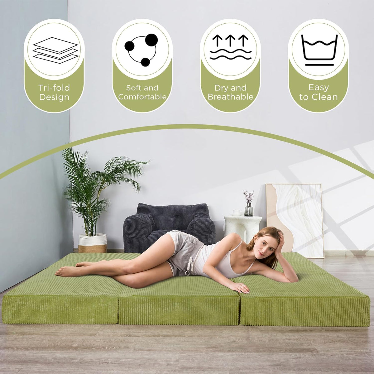 MAXYOYO Opvouwbare corduroy matras, drievoudig gevouwen vloermat, dik, met wasbare overtrek, ruimtebesparend voor gasten (olijf, 135 x 190 cm - 10 cm)
